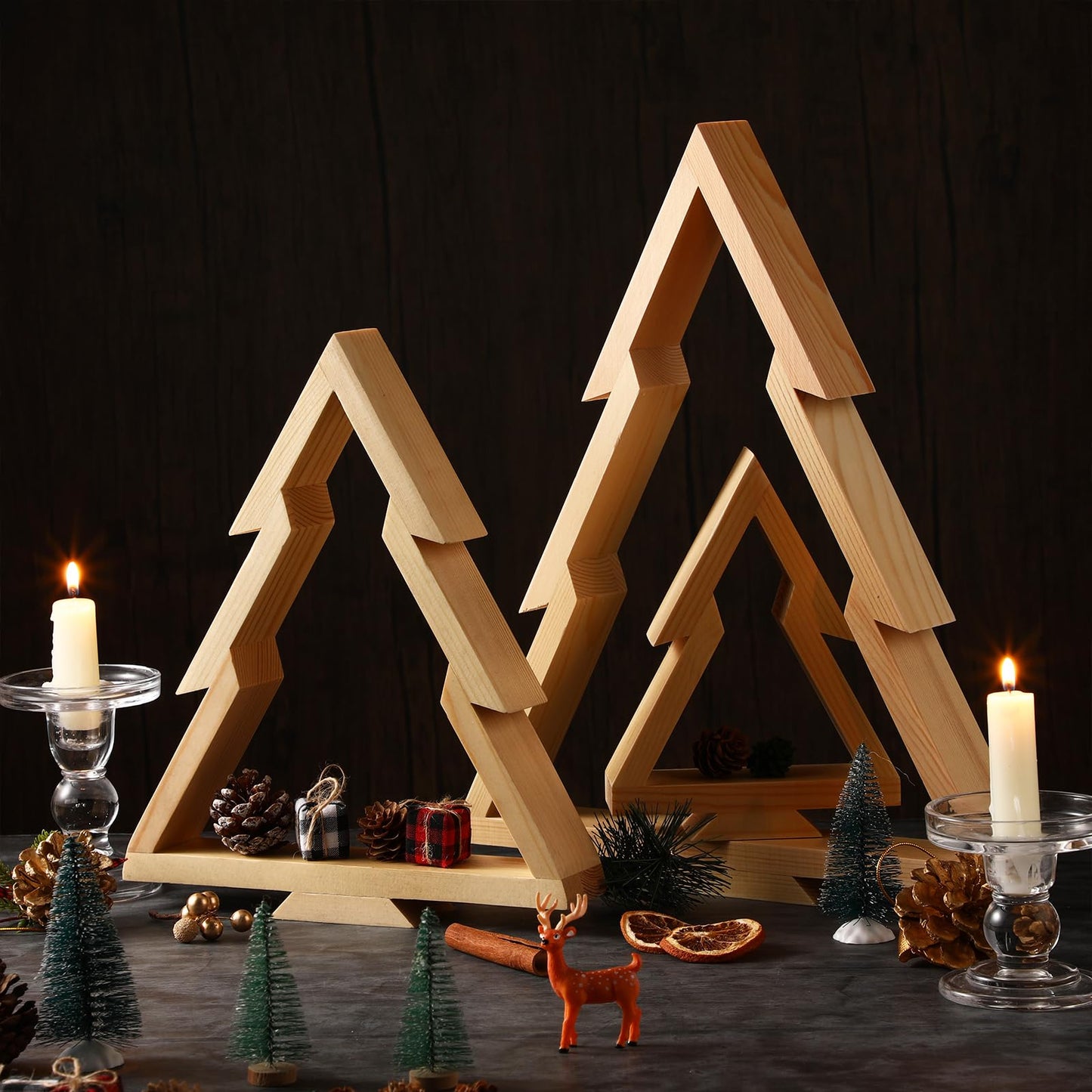 Cinnvoice 3 PCS Wooden Christmas Tree Tabletop Centerpieces Decor Christmas Natural Wood Frame Tiered Tray Mantle Shelf Wooden Cut out Standing Decoration Xmas Farmhouse Rustic Countryside(Tree)