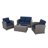 JOIVI Patio Furniture Set, 4 Piece Outdoor Patio Conversation Set, All-Weather PE Rattan Wicker Sectional Patio Sofa Set with Tempered Glass Coffee Table for Family Gatherings, Navy Blue JOIVI