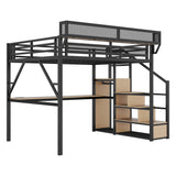 Queen Loft Bed with Desk and RGB Light, Metal Loft Bed Frame with Stairs and Bedside Shelf, Heavy-Duty Lofts Beds with Storage Shelves and Wardrobe for Kids Teens, Black Mirightone