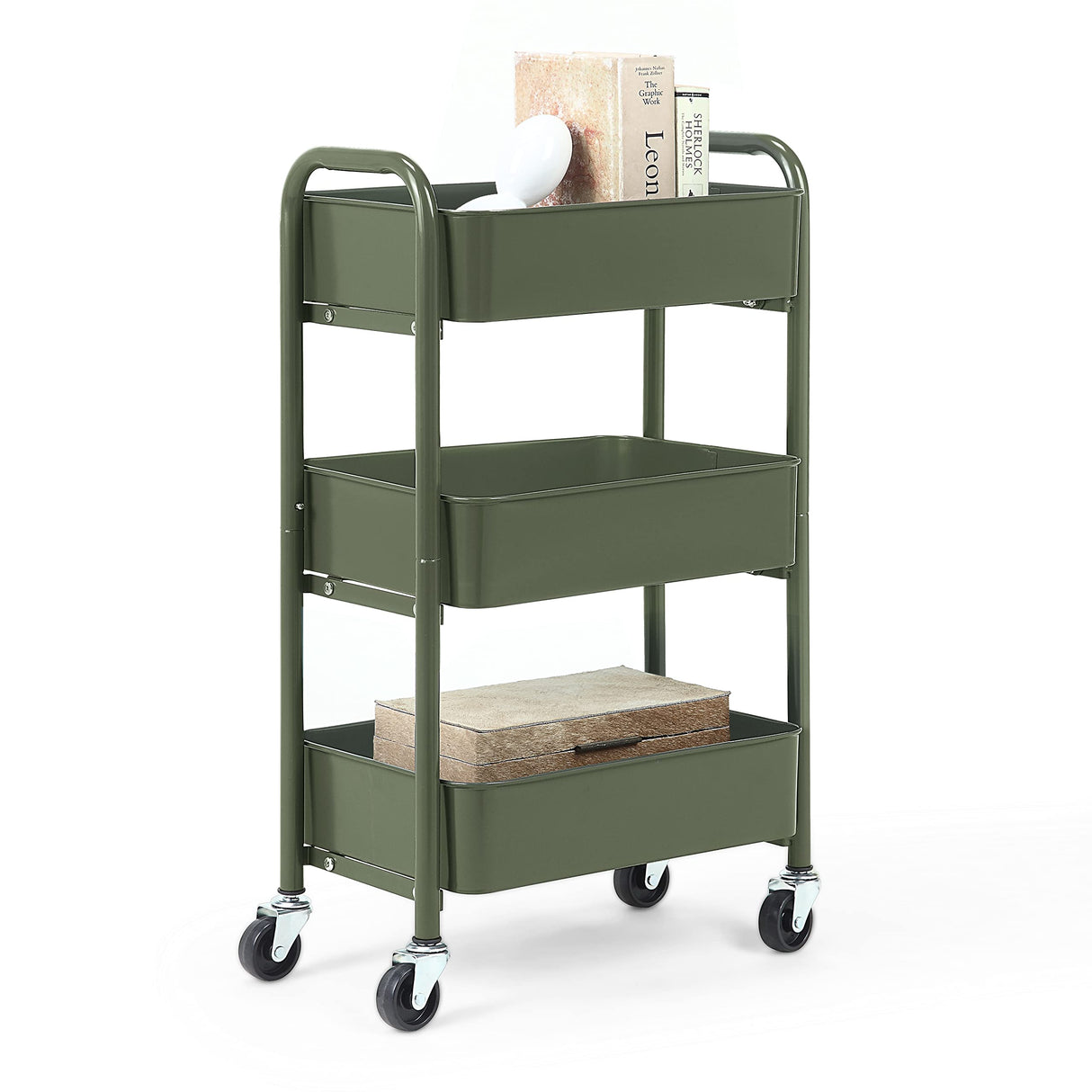 SunnyPoint 3-Tier Delicate Compact Rolling Metal Storage Organizer - Mobile Utility Cart Kitchen/Under Desk Cart with Caster Wheels (Army, Compact (15.5" X 26.8" X 10.27")) SunnyPoint