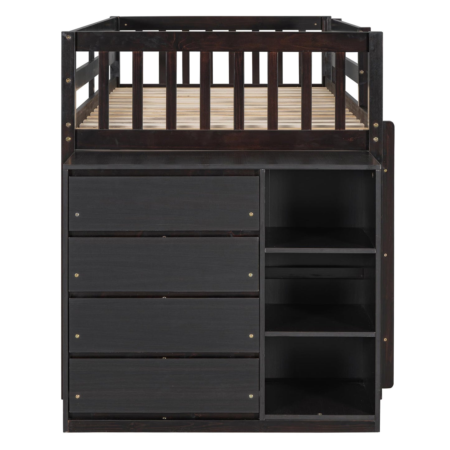 Harper & Bright Designs Twin Over Twin Low Bunk Bed with Storage,Floor Bunk Bed Frame with 4 Drawers and 3 Shelves, Solid Wood Loft Bed for Kids Girls Boys - Espresso