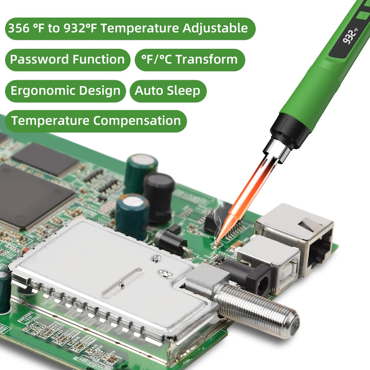 Soldering Iron Kit, 190W Soldering Gun, 110V LED Solder Kit for Electronics, Adjustable Temperature 356-932℉, Includes Solder Wire, Sucker, Tips, Stand, Tweezers, Paste and Solid Wood Box, Army Green Crtsweker