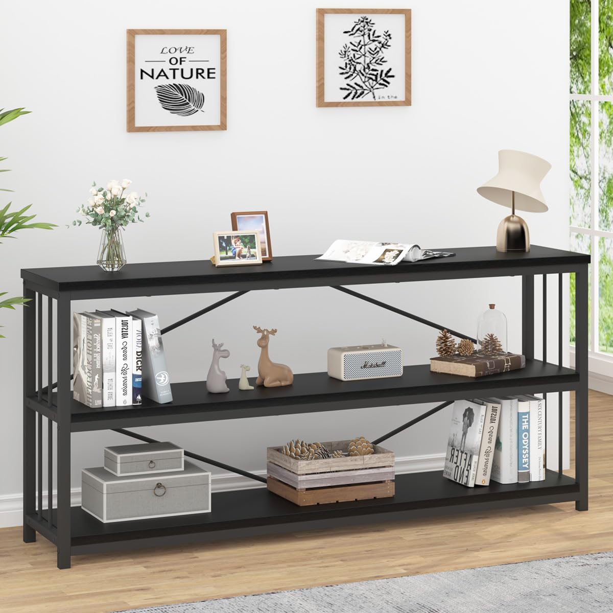 IBF 63" Black Oak Modern 3-Tier Low Horizontal Bookshelf - Stylish and Sturdy Etagere for Home and Office - WoodArtSupply