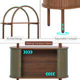 Turtle&Myrtle Tall Arched Bookshelf, Mid Century Modern Fluted Bookcase Cabinet with Sliding Doors, Curved Metal Frame Bookcase, Industrial Storage Display Shelving for Living Room, Bedroom (Walnut) Turtle&Myrtle