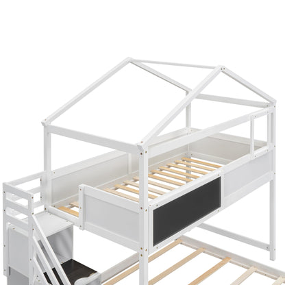 Harper & Bright Designs House Bunk Bed with Stairs,Twin Over Full Bunk Beds with Blackboard,Wood Kids Floor Bunk Bed Frame with Storage Shelves,Space-Saving Design, White