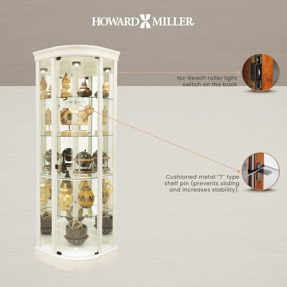 Howard Miller Marlowe IV Corner Curio Cabinet – Lighted White Wire Brushed Frameless Glass Door Mirrored Back Adjustable Glass Shelves Pad Lock Clips & No Reach Roller Switch Quality Home Decor Howard Miller