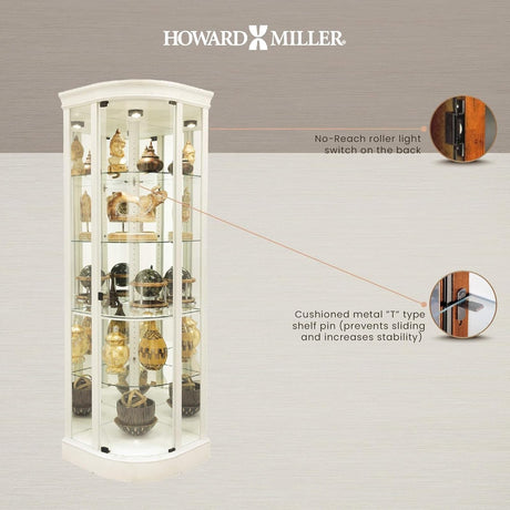 Howard Miller Marlowe IV Corner Curio Cabinet – Lighted White Wire Brushed Frameless Glass Door Mirrored Back Adjustable Glass Shelves Pad Lock Clips & No Reach Roller Switch Quality Home Decor Howard Miller