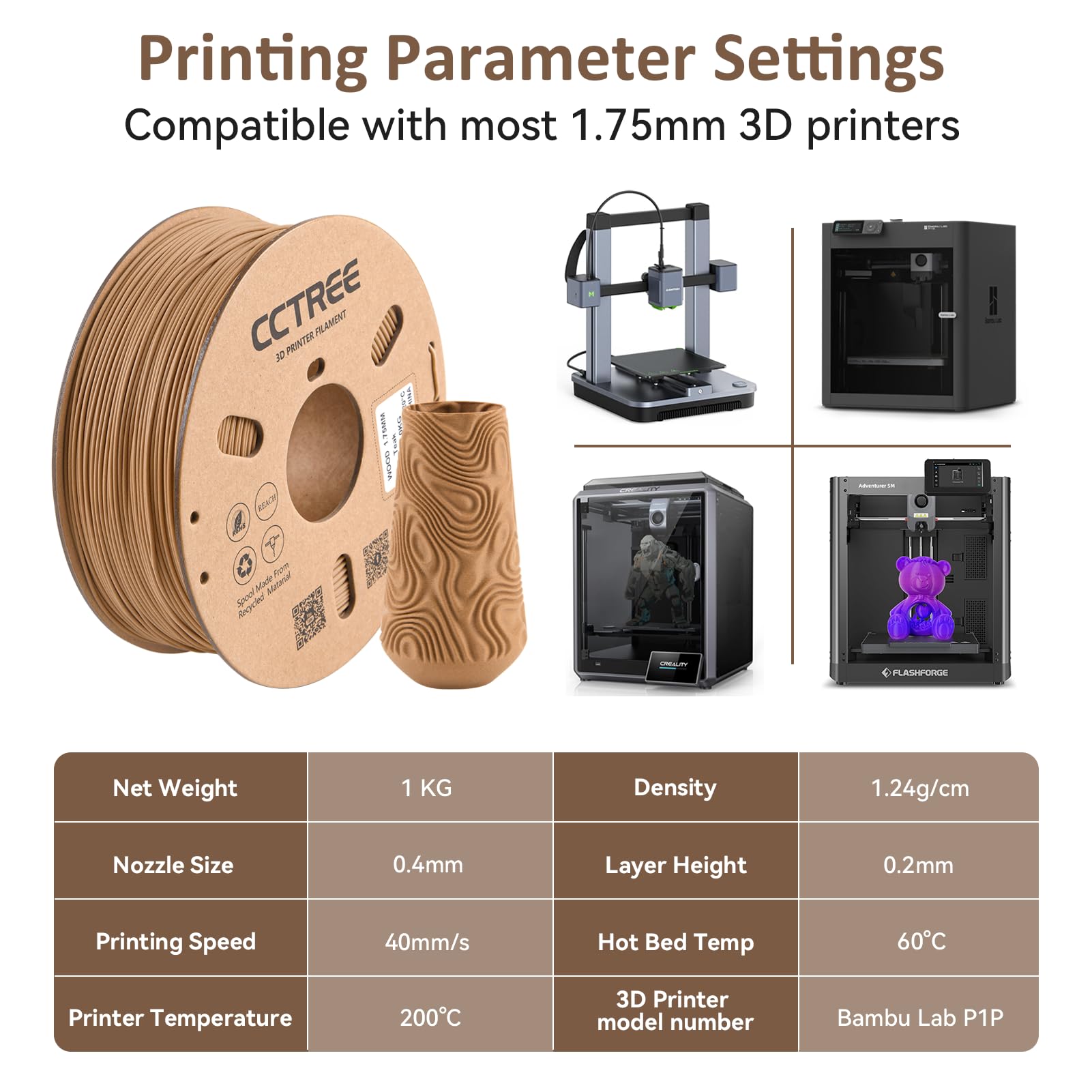 CCTREE Wood PLA Filament 1.75mm, 3D Printer PLA Plus(PLA+) with Real Wood Fiber Wood Texture Filament, Dimensional Accuracy +/- 0.02mm, 1kg Spool(2.2lbs), Fit Most FDM 3D Printers, Wood Teak - WoodArtSupply