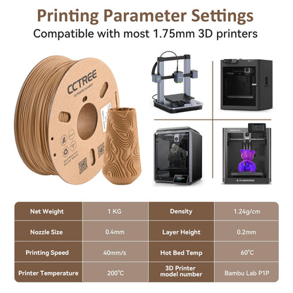 CCTREE Wood PLA Filament 1.75mm, 3D Printer PLA Plus(PLA+) with Real Wood Fiber Wood Texture Filament, Dimensional Accuracy +/- 0.02mm, 1kg Spool(2.2lbs), Fit Most FDM 3D Printers, Wood Teak - WoodArtSupply