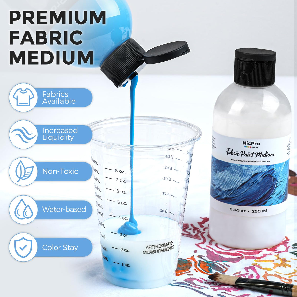Nicpro Professional Effects Fabric Medium, 8.45oz Bottle Fabric Painting Acrylic Fluid Medium, Improves Acrylic Paint Adhesion to Fabrics, Textiles for Fabrics DIY Clothing, T-shirts, Shoes Jeans Bags Nicpro