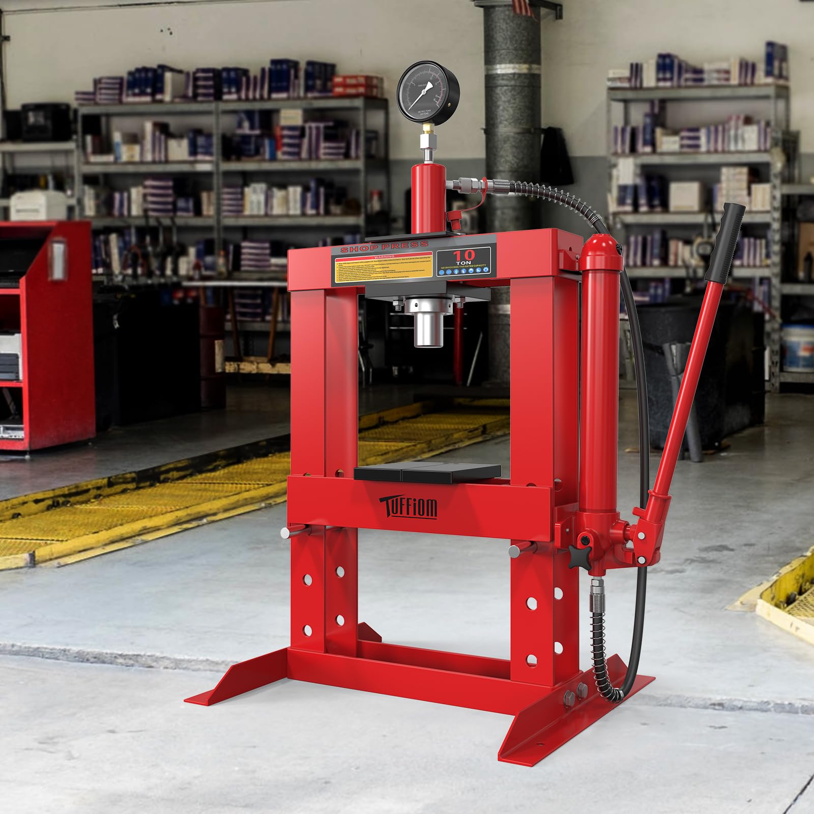 TUFFIOM 10-Ton Hydraulic Shop Press with Pressure Gauge & Press Plates, H-Frame Garage Shop Benchtop Press, Adjustable Working Table Height, Red - WoodArtSupply