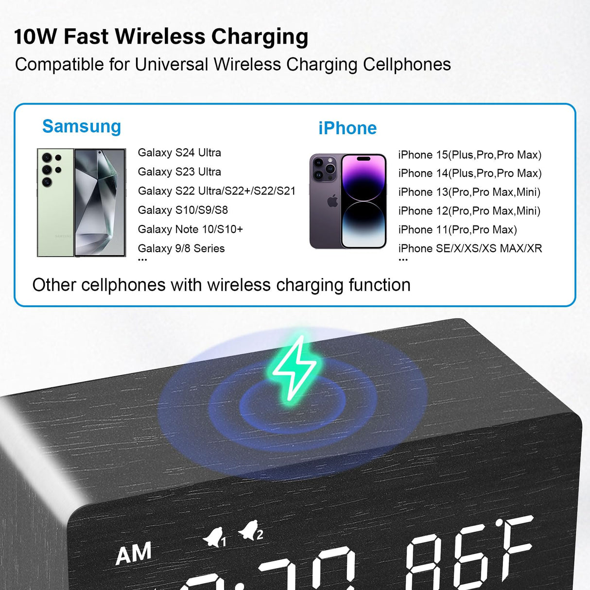 MOSITO Digital Wooden Alarm Clock with Wireless Charging, 0-100% Dimmer, Dual Alarm, Weekday/Weekend Mode, Snooze, Wood LED Clocks for Bedroom, Bedside, Desk, Kids (Black) MOSITO