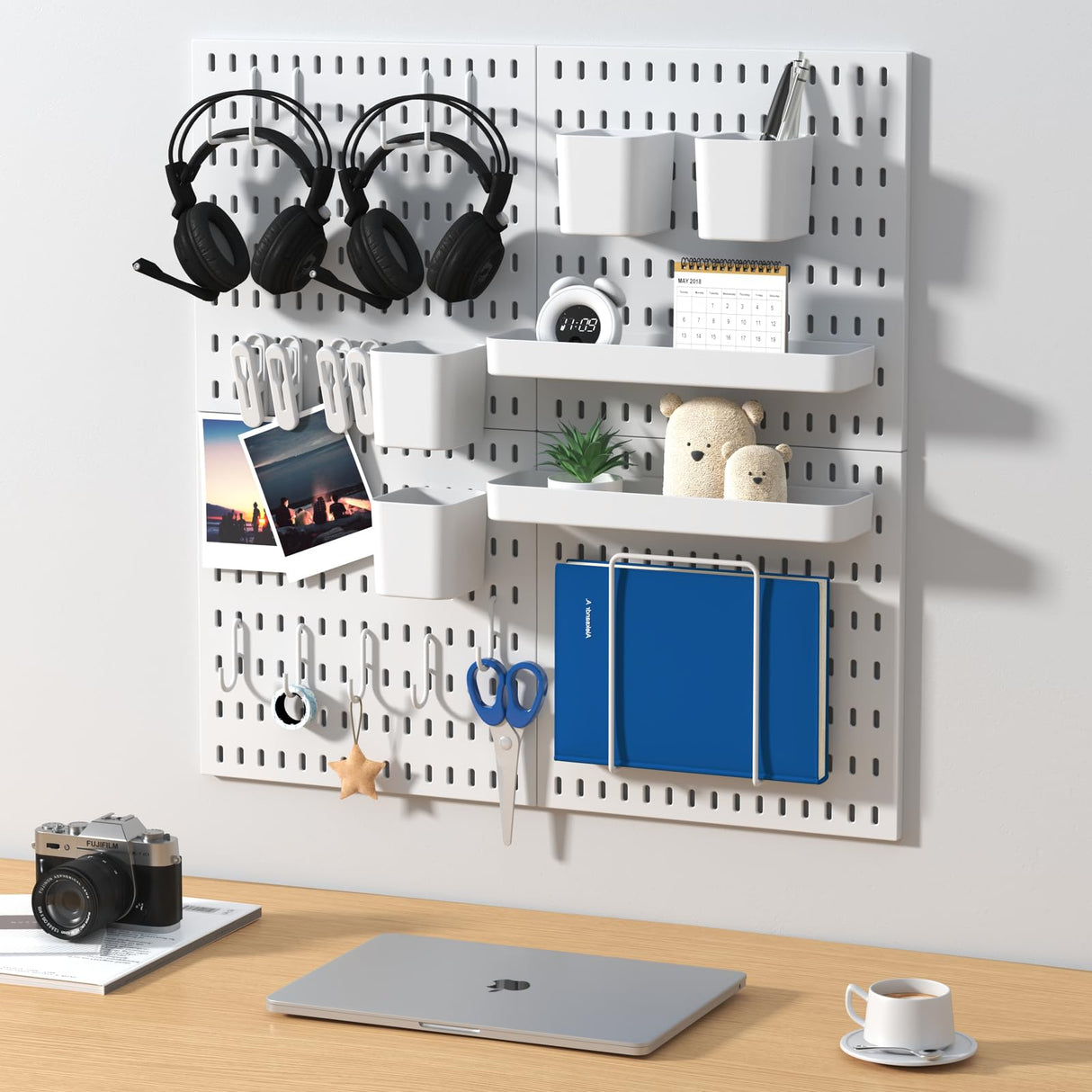 VEOFEMLEA Peg Board Combination Kit, 4 Pegboards with 20 Accessories, Pegboard Wall Organizer for Office, Nursery & Home Storage, Key Holder, 25.6"x25.6" – Nail-Free Installation（White） VEOFEMLEA