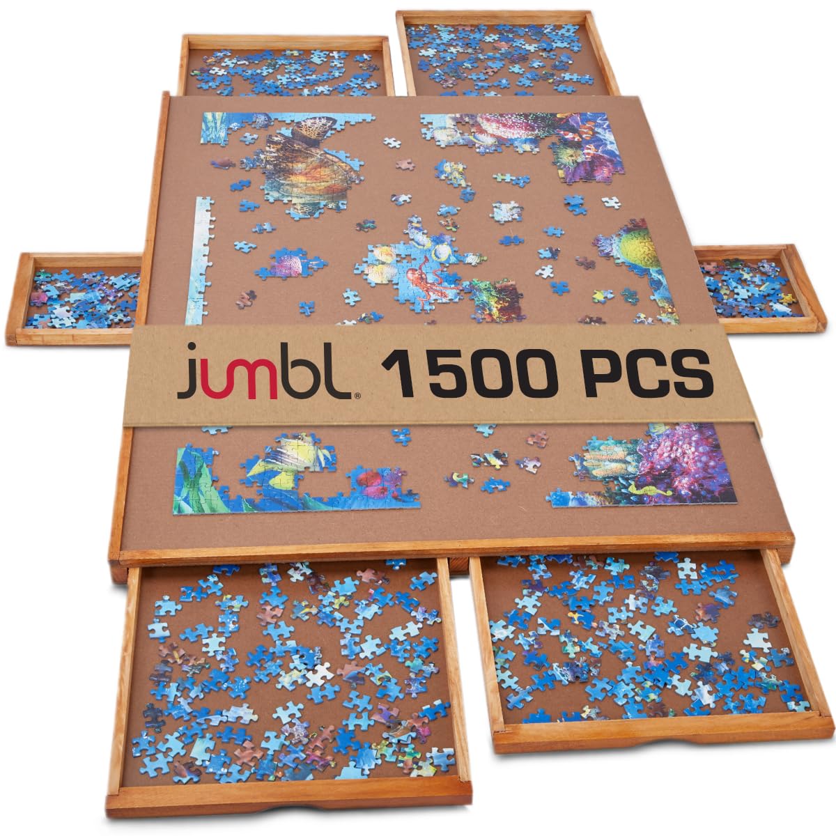 Jumbl 1500-Piece Puzzle Board | 27” x 35” Jigsaw Puzzle Table | 6 Removable Magnetic Sorting Drawers | Smooth Plateau Fiberboard Work Surface & Hardwood Construction | for Games & Puzzles - WoodArtSupply