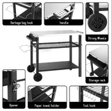 DNKMOR Dining Cart Table with Three Shelf, Movable Outdoor BBQ Grill Table Pizza Oven Stand with Three Hooks, Kitchen Cart Island Multifunctional Food Prep Table for Inside and Outside (Sliver) DNKMOR