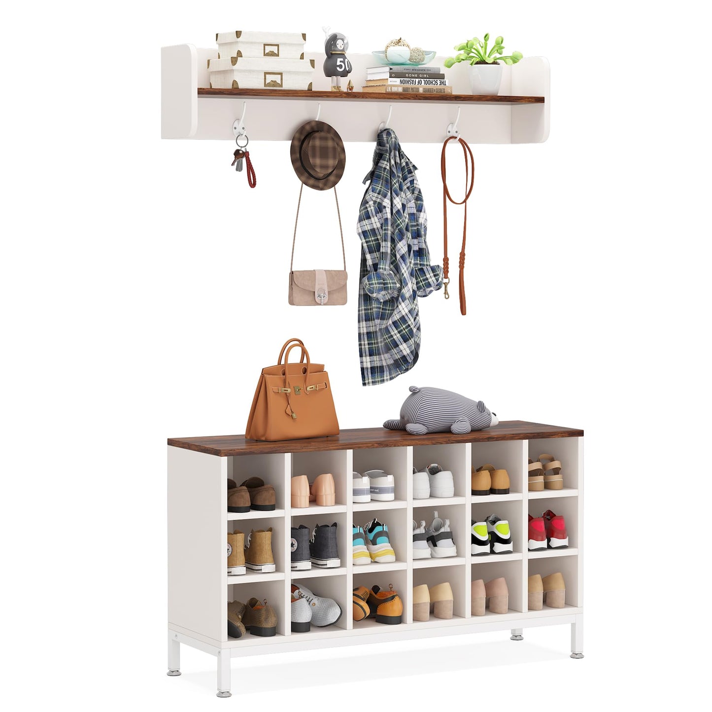 Tribesigns Hall Tree with Bench, 4-in-1 Shoe Coat Rack Set with 18 Cubbies, Shoe Bench, Hooks, and Storage Shelf for Entryway, Hallway, Closet(White & Brown)