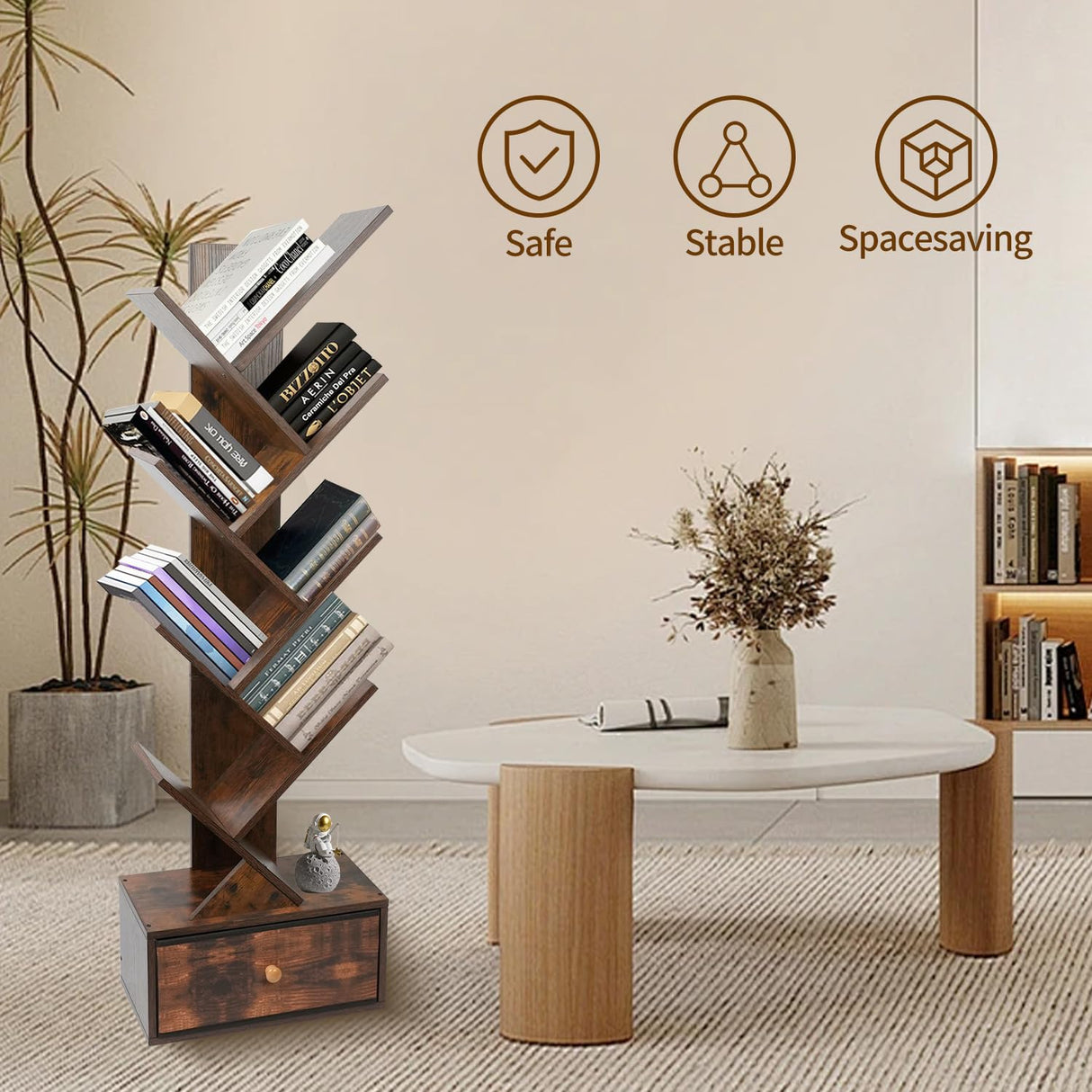 Yzosvki 8-Tier Rustic Brown Tree Bookshelf with Drawer for Stylish Storage Yzosvki
