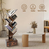 Yzosvki 8-Tier Rustic Brown Tree Bookshelf with Drawer for Stylish Storage Yzosvki