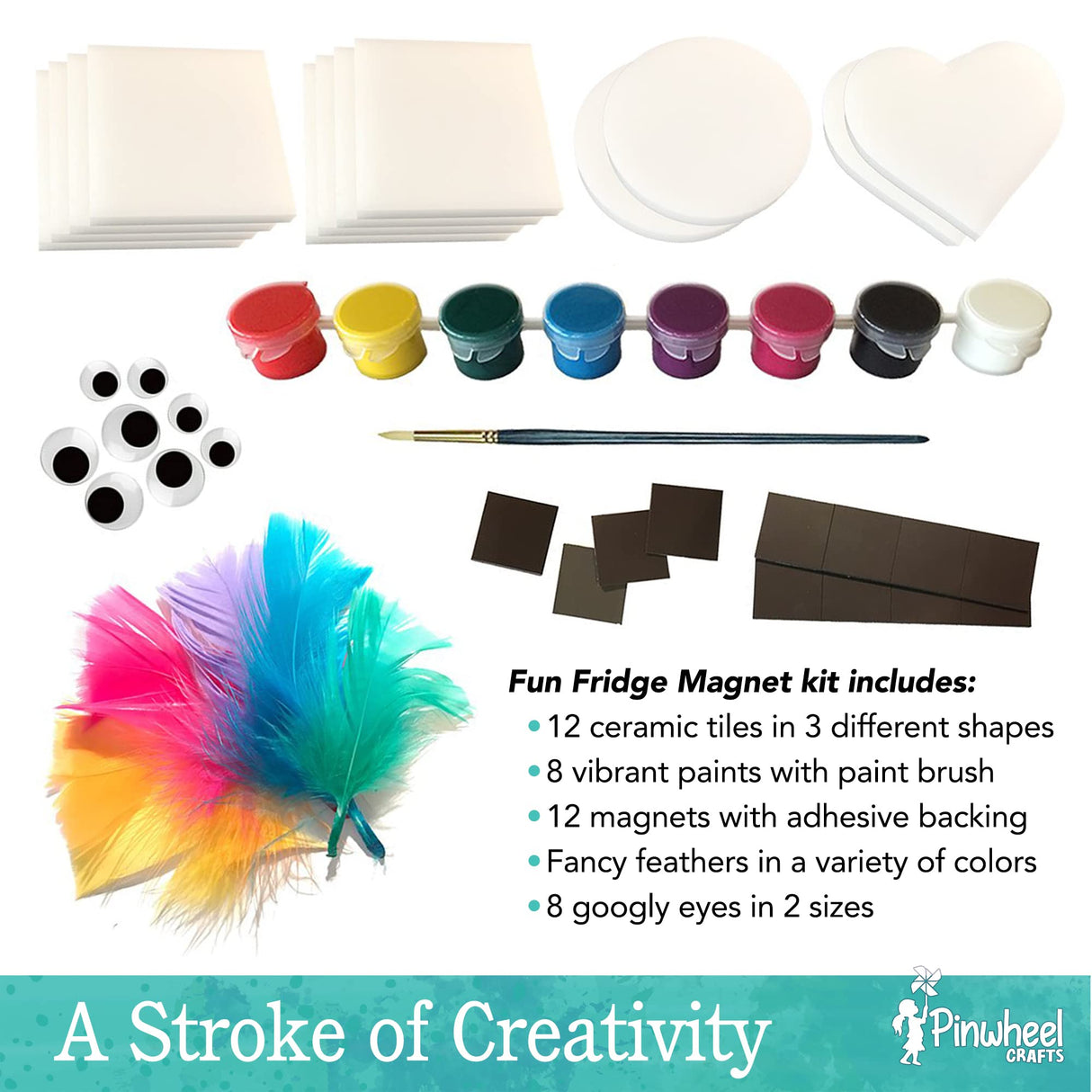 Pinwheel Crafts Magnetic Tile Art Kit Ages 6-12+ Years - Paint Your Own Magnetic Mini Tiles Includes 12 Tiles, Magnets, 8 Paints, Brush, Googly Eyes - DIY Magnet Making Kit for Kids Pinwheel Crafts