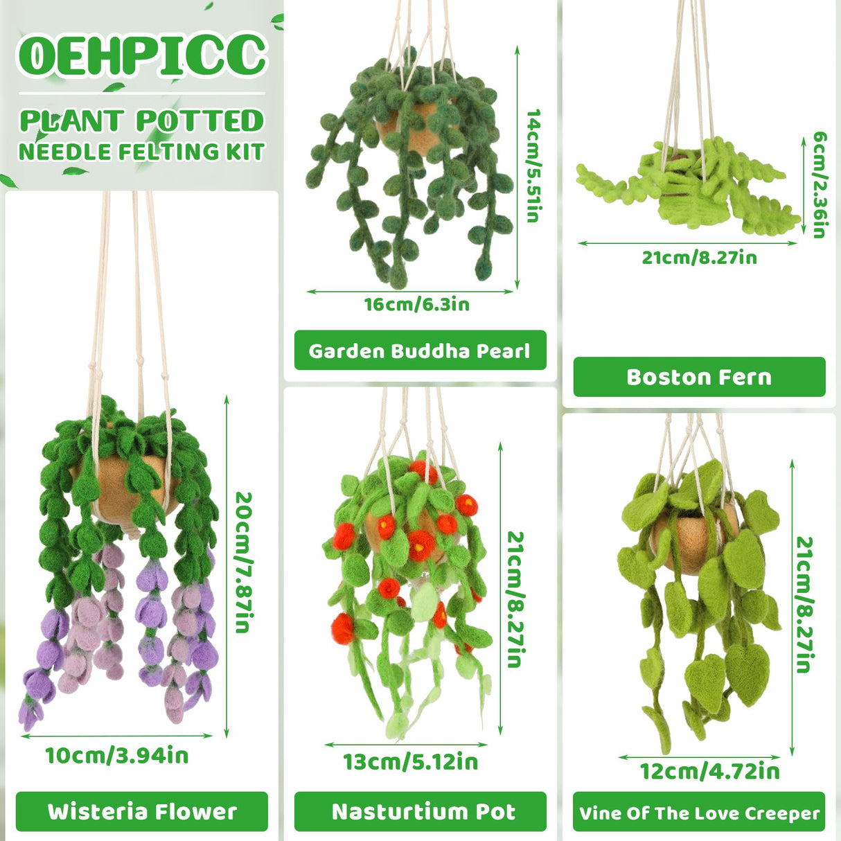 OEHPICC Needle Felting Kit, 5 Pack Hanging Plants Needle Felt Beginner Kit, Including Basic Needle Felting Tools, Instructions, Needle Felt Craft Kit for Indoor Outdoor Office and Home Decor OEHPICC