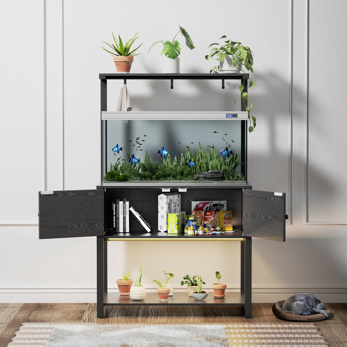 Fienveorn 40-50 Gallon Aquarium Stand with LED Light Power Outlets,Heavy Duty Metal Fish Tank Stand with Cabinet for Fish Accessories Storage,Turtle Reptile Terrariums Stand( Black ) Halitaa