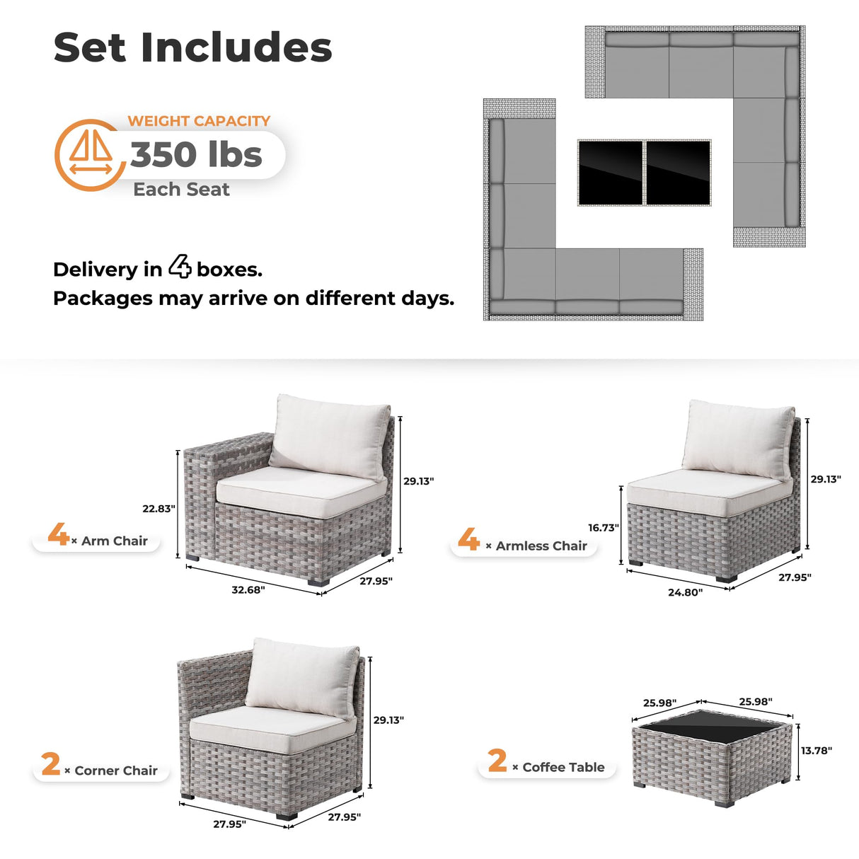 ovios Patio Furniture Set 12 Pieces Outdoor Sectional Sofa Set with Comfy Cushions and Deep Seat, Modern Modular Wicker Rattan Conversation Set, Beige ovios