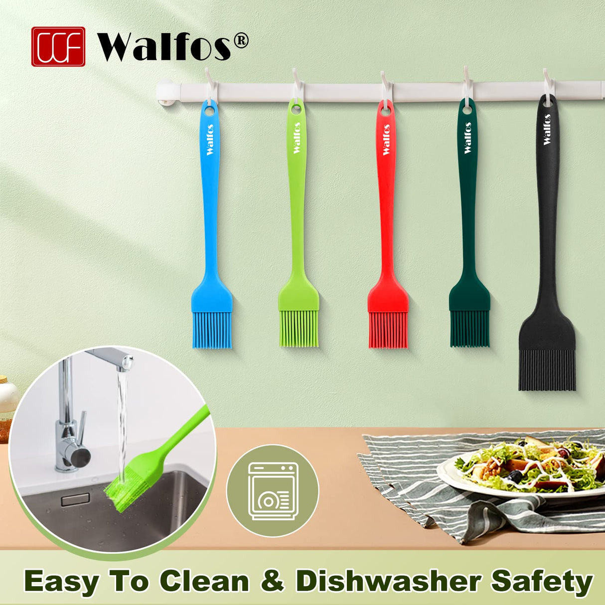 Walfos Silicone Basting Brush Set, 5 Pieces Heat Resistant Pastry Brush, Perfect for Baking,BBQ Grill,Kitchen Cooking,Strong Steel Core and One-Pieces Design,BPA Free and Dishwasher Safe Walfos