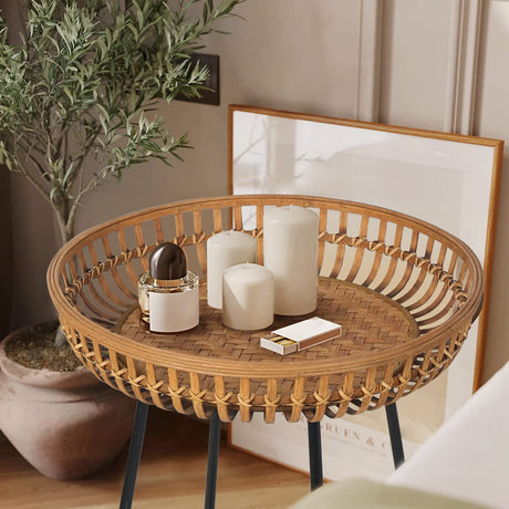 Oakrain Rattan Side Table Nesting Tables Set of 2, Bamboo Round Table Coffee Table Metal Base End Table for Boho Living Room, Sofa, Bedroom, Terrace, Accent Table(20.47inch) Oakrain