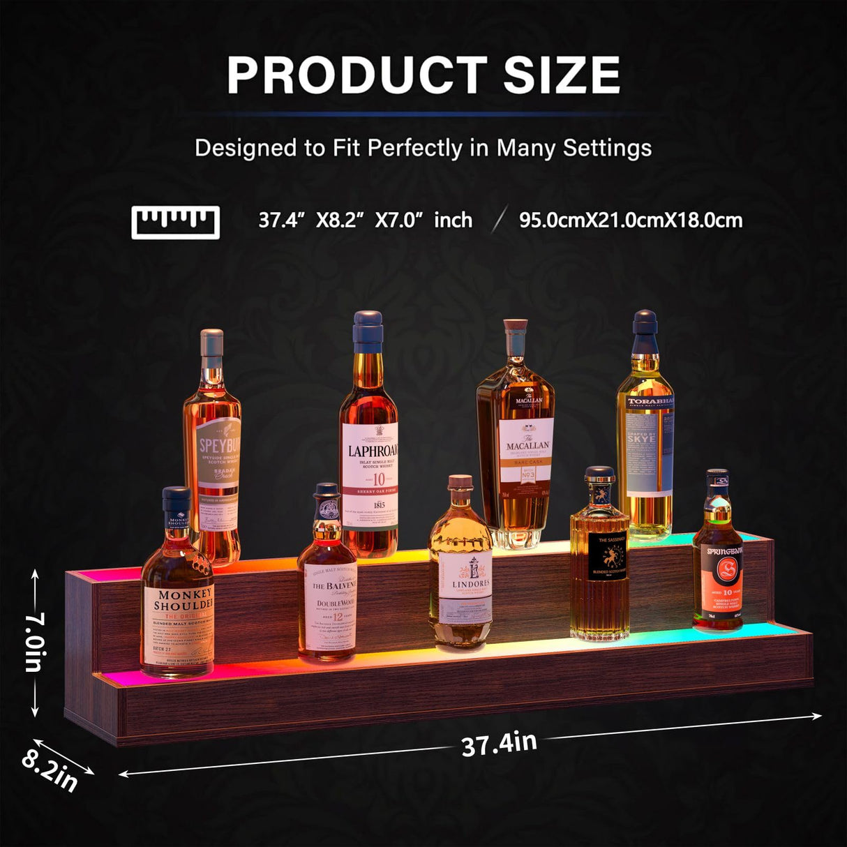 Bingoday LED Liquor Shelf with Acrylic Bottle Display Shelves Wood Rack Wine Retro Bar Cabinets for Home Commercial Bar Party (Walnut, 2 step-38in) Bingoday