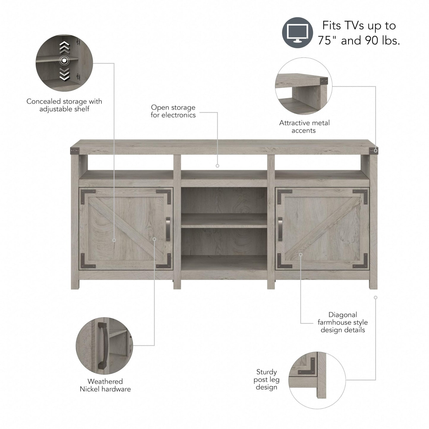 Bush Furniture Knoxville Farmhouse Stand for 75 Inch TV, Living Room Media Console with Storage, 65W, White