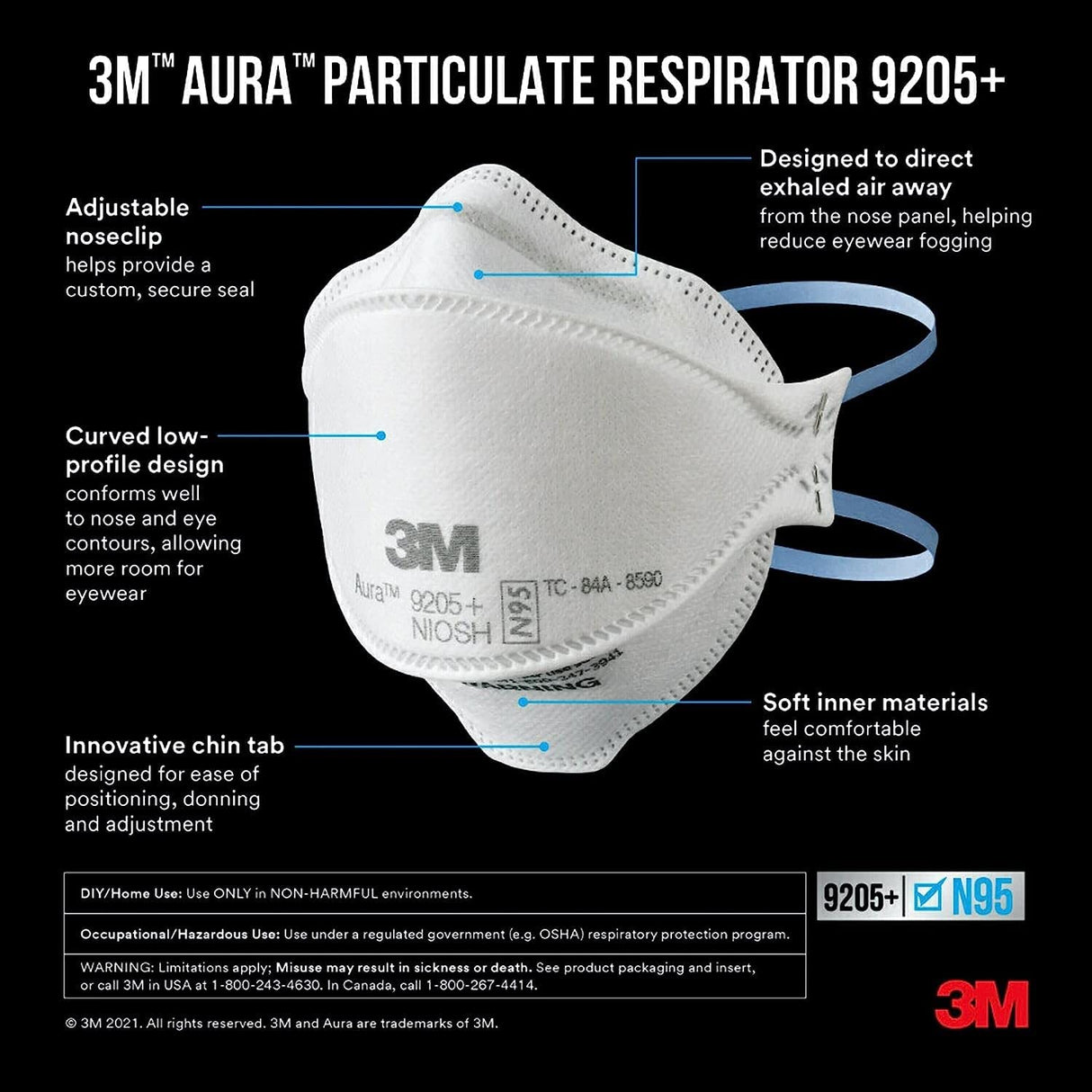 3M Aura Particulate Respirator 9205+ N95, Lightweight, 3 Panel Designed Helps Provide Comfortable and Convenient Respiratory Protection, 3-Pack 3M