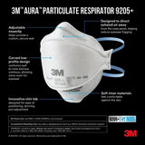 3M Aura Particulate Respirator 9205+ N95, Lightweight, 3 Panel Designed Helps Provide Comfortable and Convenient Respiratory Protection, 3-Pack 3M