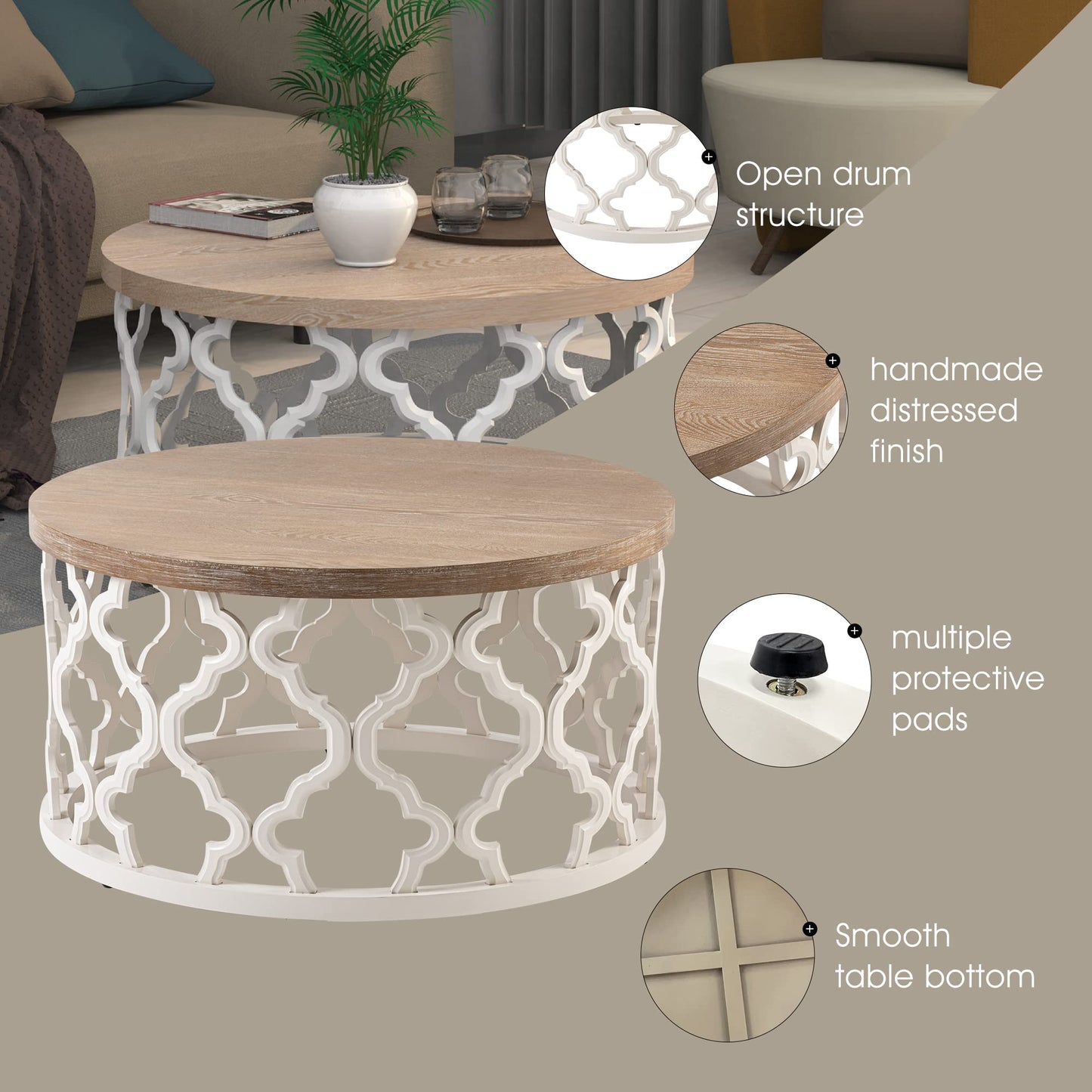 Clredg Round Farmhouse Coffee Table, Wood Grain Top Table with Curved Motif Frame Base for Rustic, Boho, Rustic, French Country Decor, Traditional White - WoodArtSupply