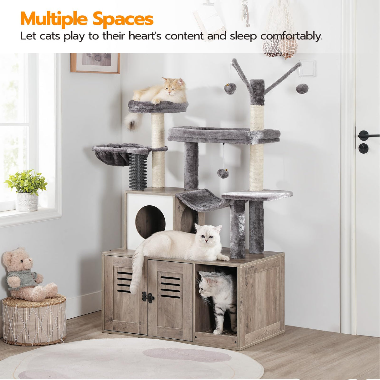 HOOBRO Large Hidden Litter Box, Cat Tree with 30.7'' Long Litter Box Enclosure, Modern Cat Tower, Cat Condos with Scratching Posts, Rubbing Post, Hammock and Teaser Sticks, Greige BG28MZ03G1 HOOBRO