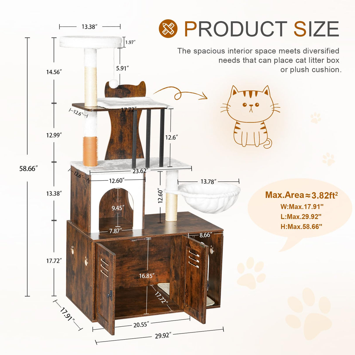 Snughome Cat Tree with Litter Box Enclosure Furniture, 2-in-1 Modern Cat Tower, 58.66’’ Wood Cat Condo with Scratching Post and Hammock, Pet Furniture with Large Platform, Rustic Brown Snughome