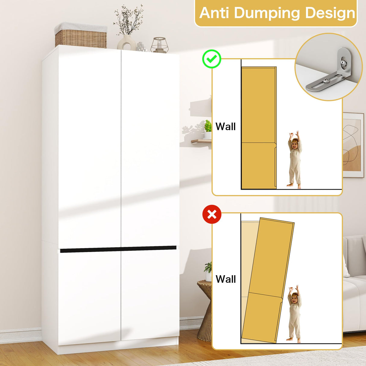 LABROSKIA White Armoire Wardrobe Closet: 74" Wooden Wardrobe Closet with 2 Doors, Bedroom Armoires with Hanging Rod, Tall Closets Cabinet for Hanging Clothes (31.5") LABROSKIA