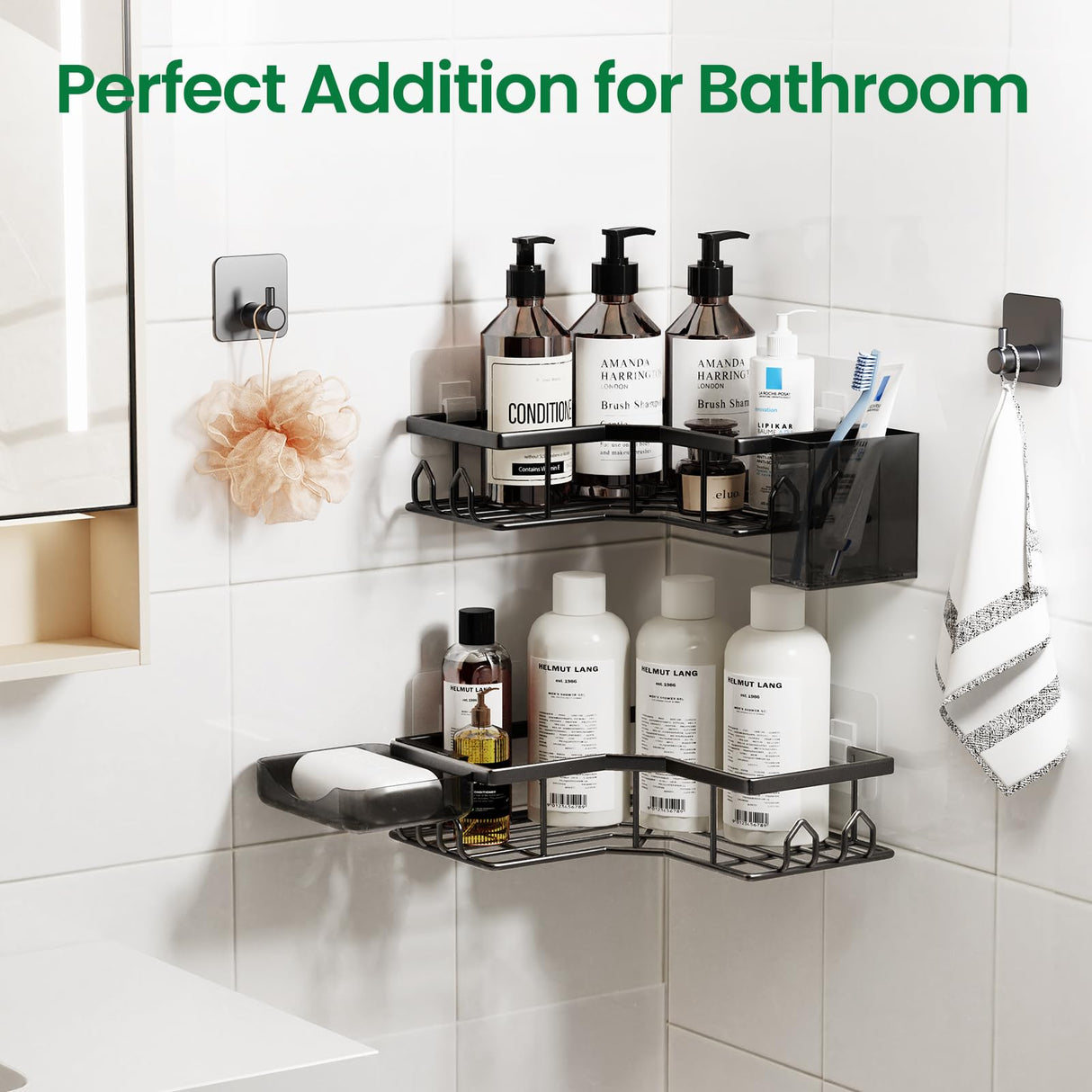 QHMCHLDZ Adhesive Shower Caddy, 2 Pack Corner Bath Organizer, Rustproof Stainless Steel Shower Shelves with Large Capacity, No Drilling Shelves for Bathroom Storage, Home, Kitchen Decor QHMCHLDZ