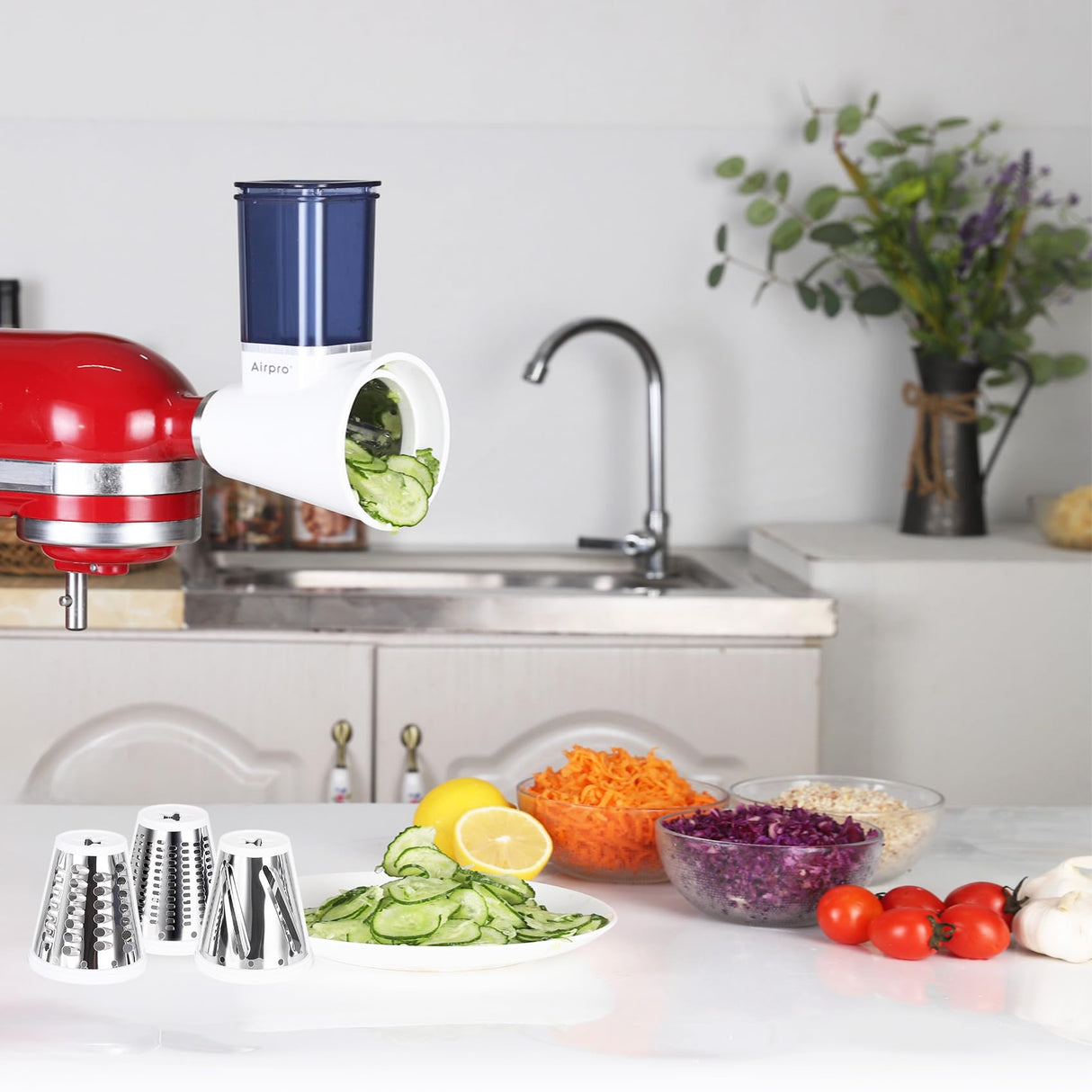 Slicer Shredder Attachment for Kitchenaid Stand Mixer, Salad Machine with Vegetable Slicer, Salad Maker, Food Slicers Cheese Grater Attachments for Mixer Dishwasher Safe By Airpro,Blue Airpro