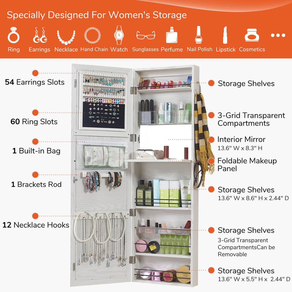 GISSAR Jewelry Mirror Armoire Wall Mount Over The Door Cabinet Storage Organizer Lockable Full Length Door Mirror(White) GISSAR