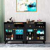 COCO DESIGN Small Bar Cabinet, Black Modern Liquor Wine Cabinet with Storage with Led Light for Home, Farmhouse Buffet Coffee Sideboard with Glass Door & Wavy Wine Rack for Kitchen COCO DESIGN