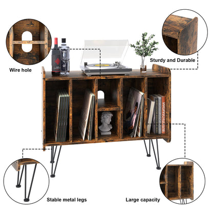 Arbuxzuy Large Vinyl Record Storage Stand, Brown Wooden Shelf with Metal Legs, Sturdy and Durable, Easy Assembly, Holds Albums and Turntable