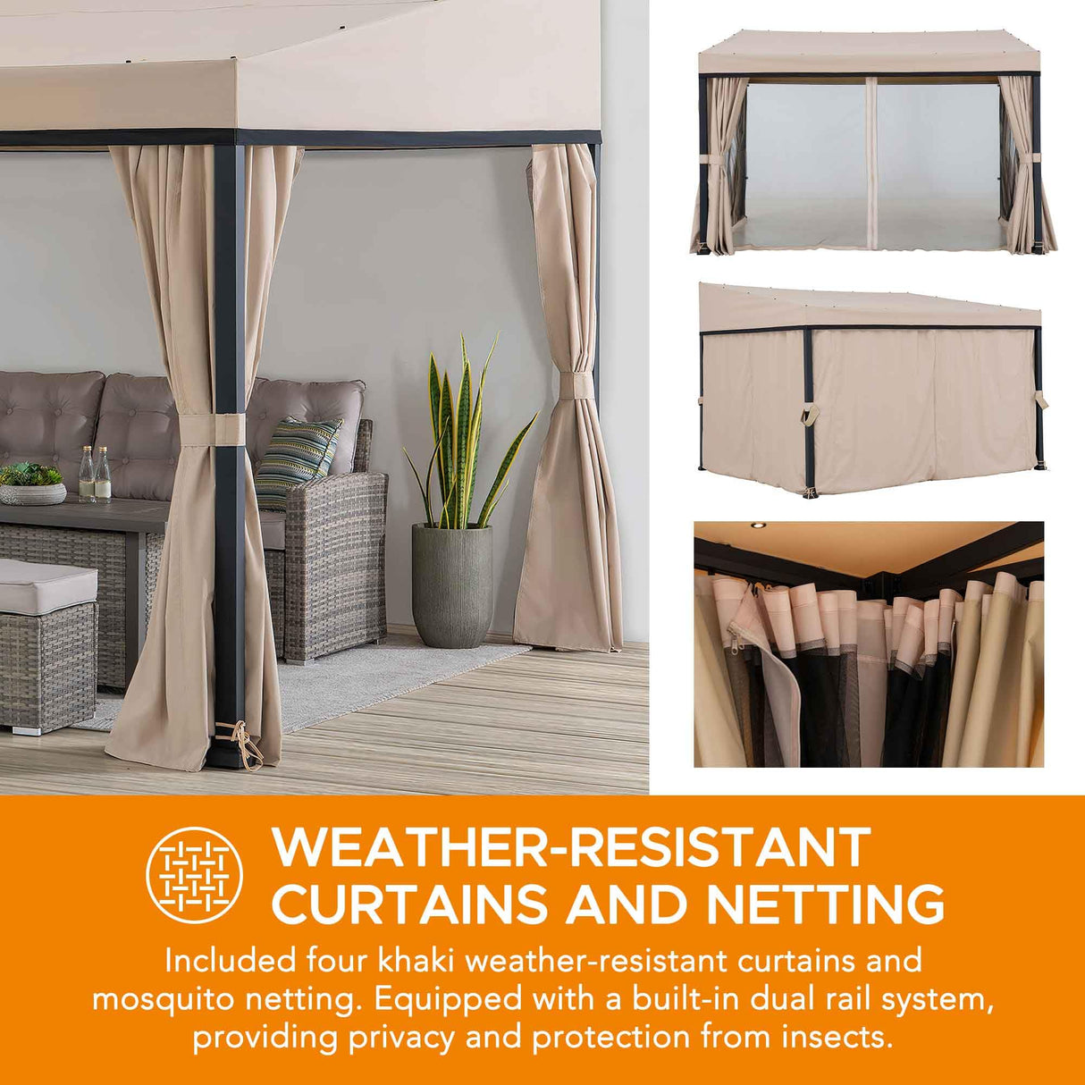 Sunjoy 10 x 12 ft Wall Mounted Gazebo with Weather Resistant Fabric Roof, Black Aluminum & Metal Frame Lean to Gazebo with Curtains and Netting Sunjoy