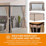 Sunjoy 10 x 12 ft Wall Mounted Gazebo with Weather Resistant Fabric Roof, Black Aluminum & Metal Frame Lean to Gazebo with Curtains and Netting Sunjoy