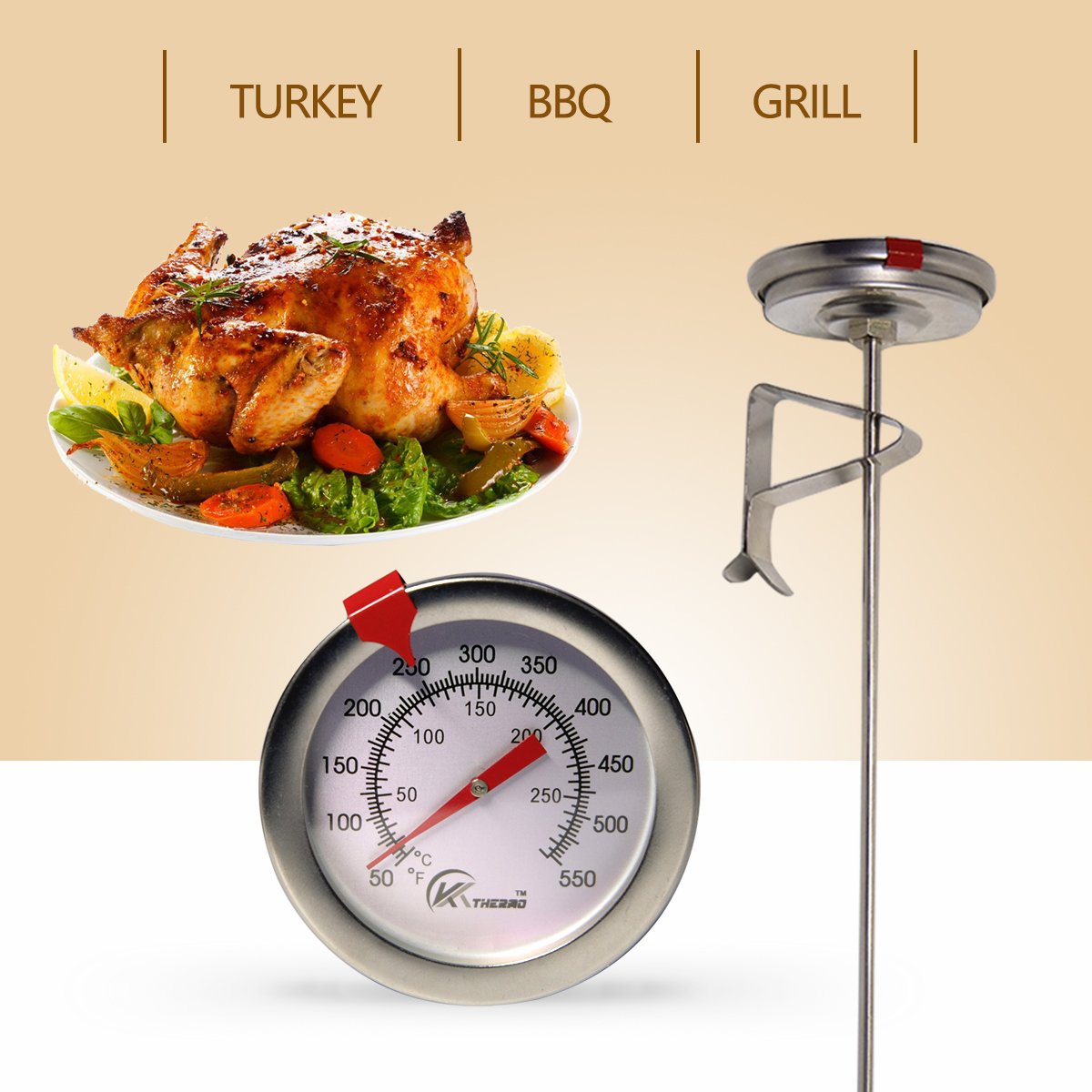 KT THERMO Deep Fry Thermometer With Instant Read,Dial Thermometer,12" Stainless Steel Stem Meat Cooking Thermometer,Best for Turkey,BBQ,Grill