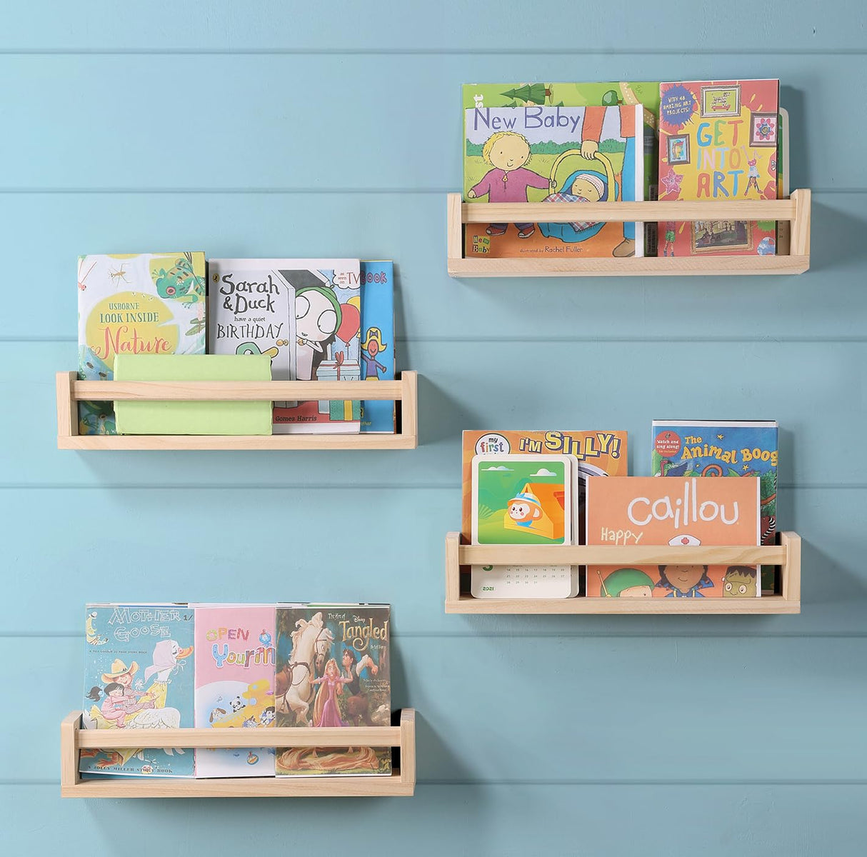 DUICIRX Nursery Room Shelves Set of 4, Wood Floating Book Shelves for Kids Room, Baby Book Shelf for Nursery, Kitchen Spice Rack (Natural Wood) DUICIRX