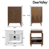 DeerValley DV-1BV0151NW 24" Bathroom Vanity with Ceramic Sink Top, Pre-Assembled Mid-Century Wood Bathroom Cabinet Sink Combo in Walnut White Deer Valley