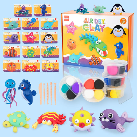 Air Dry Clay for Kids,Modeling Clay Kit,14 Species of Marine Life DIY Molding Clay Art Crafts Set,Ultra Light & Soft,Safe Non-Toxic,Toys Gifts for Age 4 5 6 7 8+ Years Old Boys Girls Kids QANIY
