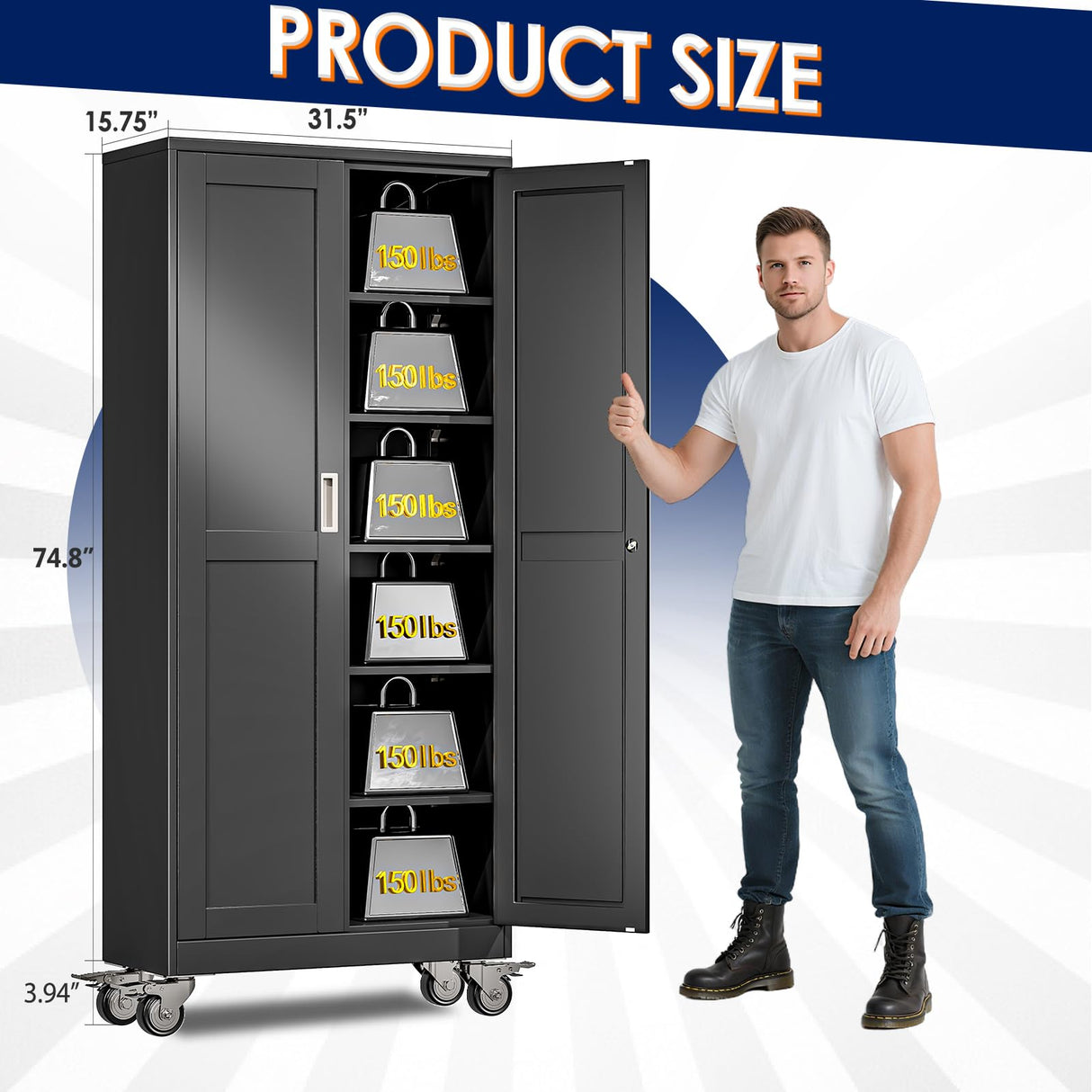 erosoei 75" H Metal Garage Storage Cabinet, Rolling Tool Cabinet with 2 Doors and Wheels, Locker Steel Cabinet with 5 Adjustable Shelves, Organization Cabinet for Garage,Office,Home,Gym,School（Black） erosoei