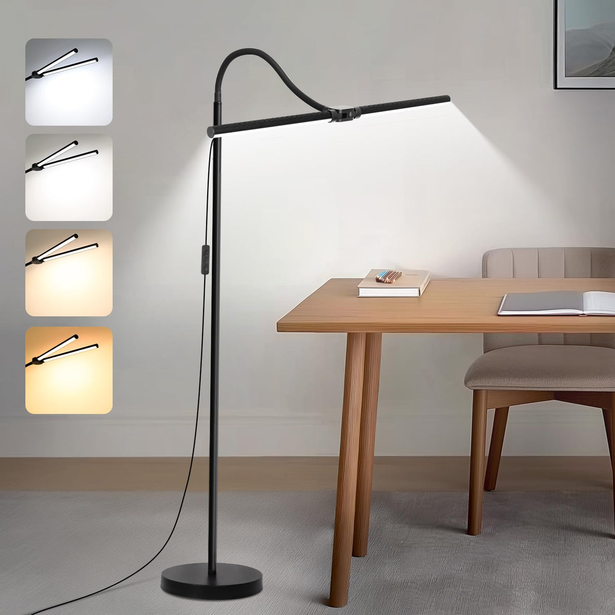 LED Floor Lamp, 15W/1800LM Bright Reading Floor Lamp for Office with Double Head, Adjustable Gooseneck Dimmable Modern Standing Light for Lash Extension Craft, Eye Caring Floor Lamps for Living Room Seaside village