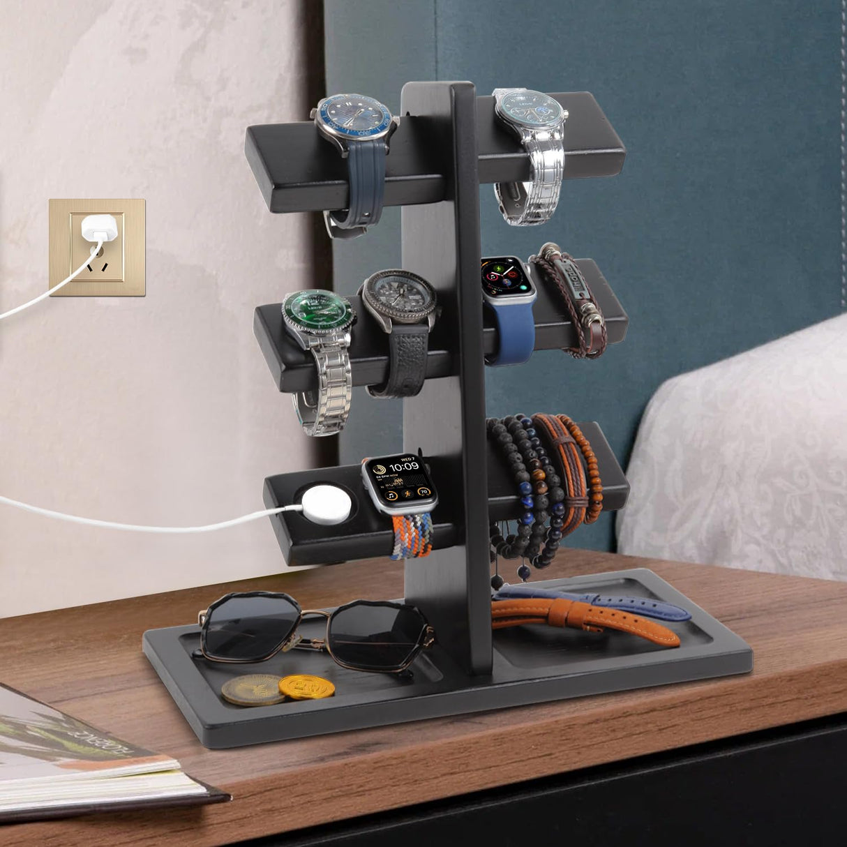Xnwouco Watch Stand for Men, Watch Display Stand with Charger Groove, Wooden Watch Holder Stand, Jewelry Holder Organizer for Rings, Jewelry, Coins Bracelets, Great Gifts for Men Women, Black Xnwouco